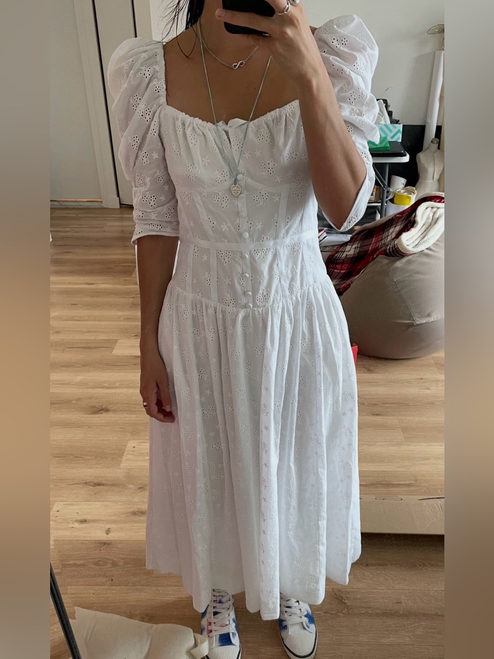 For Love & Lemons White Eyelet Puff-Sleeve Midi Dress - Jean Midi Dress